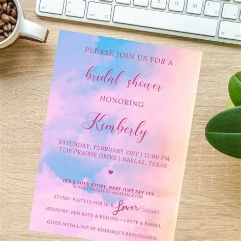 Lover Bridal Shower Taylor Swift Pastel Watercolor Printable Invite