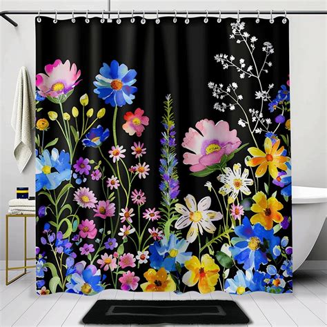 Watercolor Wildflower Shower Curtain Modern Boho Bathroom Decor With Black And White Floral