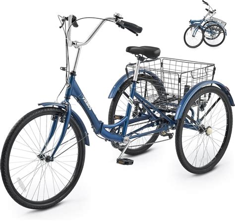 Viribus Folding Adult Tricycle 24 Inch 3 Wheel Bike With Large Detachable Basket 7 Speed Low