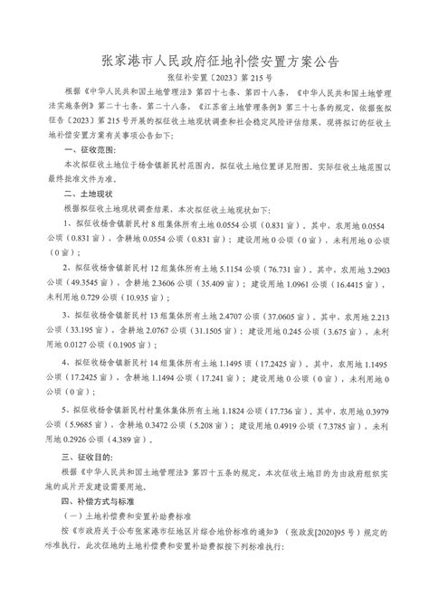 征地补偿安置方案公告（张征补安置[2023]第215号） 张家港市自然资源和规划局