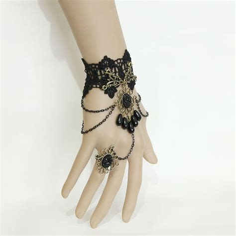 Victorian Gothic Black Lace Wristband Black Beads Embellishment