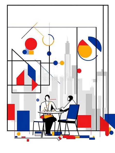 Minimalist Office Art A Couple Of People Sitting At A Table Stock