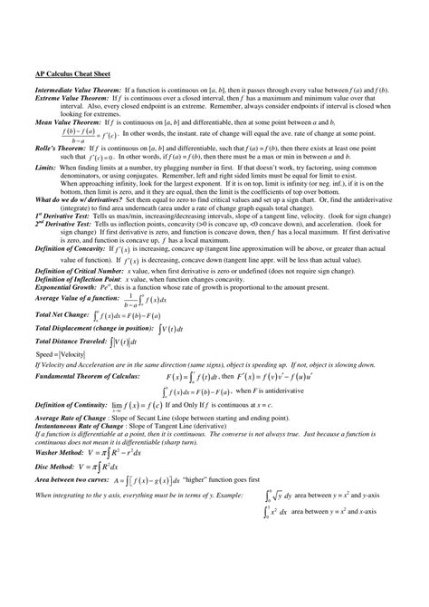 Ap Calculus Cheat Sheet Download Printable Pdf Templateroller