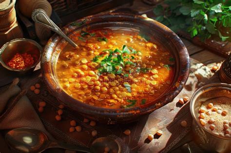 Moroccan Harira Soup With Lentils Chickpeas And Spices Traditional