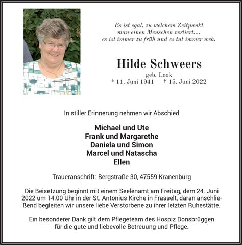 Alle Traueranzeigen F R Hilde Schweers Trauer Rp Online De