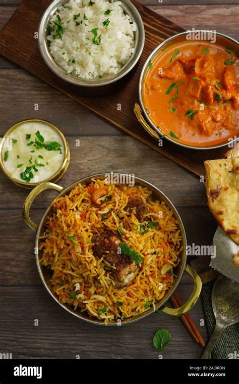 Indian Meal Restaurant Menu Concept Mutton Biryani Butter Chicken