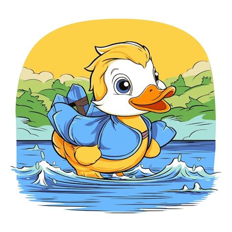 Pato De Desenho Animado Nadando No Rio De Um Pato De Desenho Vetor