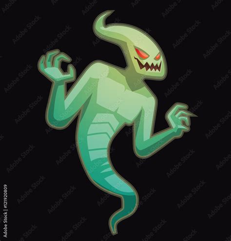 Vector cartoon image of funny light green ghost with red eyes flying on a black background ...