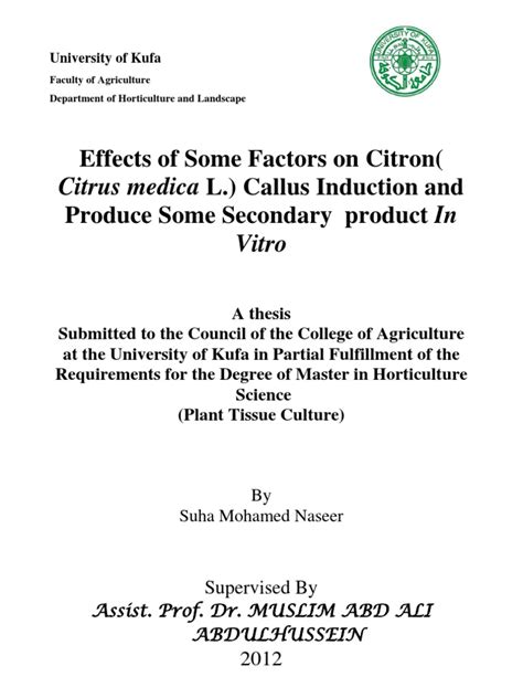 Effects Of Some Factors On Citron Citrus Medica L Callus Induction