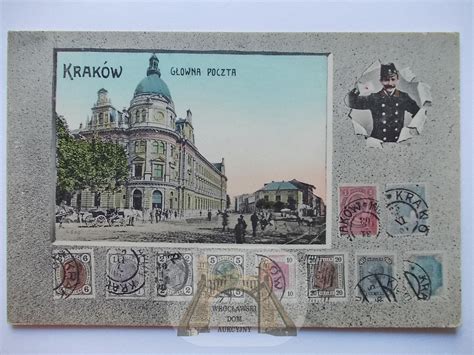 Kraków poczta znaczki listonosz kolaż ok 1910 Aukcja