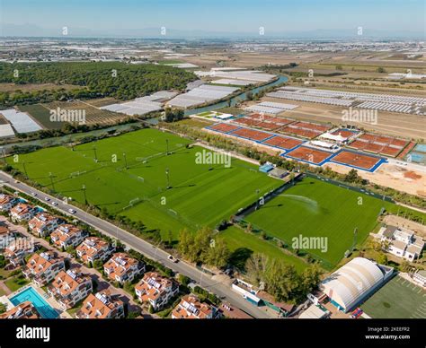Aerial View Of Outdoor Sports Facility With Football Fields And Tennis