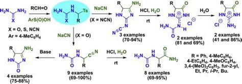 N （甲苯磺酰基甲基）取代的脲，硫脲和 N 氰基胍与氰化钠反应的不同途径。α 脲基腈，α 脲基酰胺和乙内酰脲亚氨基衍生物的合成