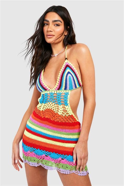 Multi Stripe Crochet Beach Mini Dress Boohoo Uk