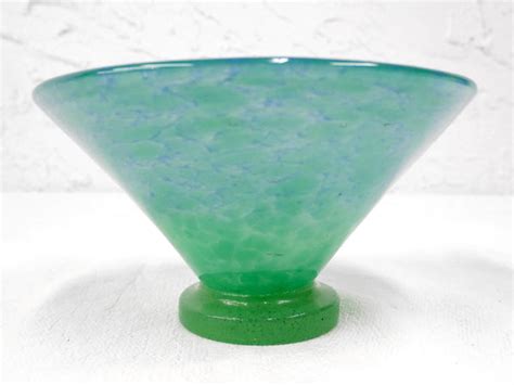 Vintage Vasart Monart Scotland Glass Bowl Vase V Shape Green Signed Montreal Collector