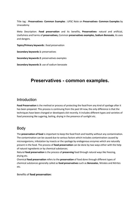 SOLUTION: Preservatives common examples - Studypool