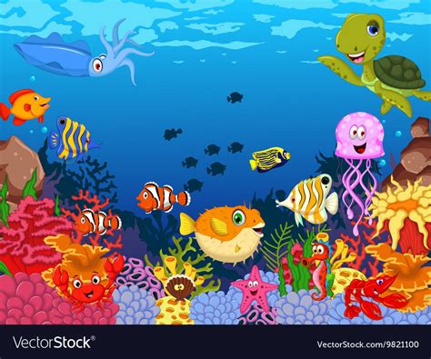 Funny sea animals cartoon set with sea life Vector Image