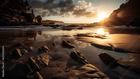 Tranquil sunset over rocky coastline, water reflects natural beauty generated by AI Stock ...