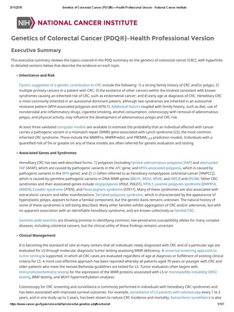 Genetics Of Colorectal Cancer Pdq® Health Professional Version National Cancer Institute