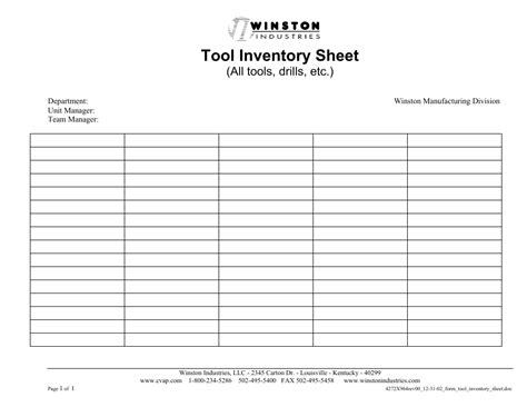 Tool Inventory Spreadsheet Template Winston Industries Download