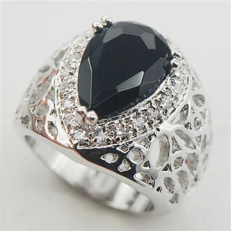 Black Onyx White Crystal Zircon Women Sterling Silver Ring F