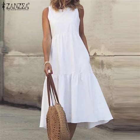 Summer Dress Zanzea Women O Neck Sleeveless Solid Ruffles Sundress