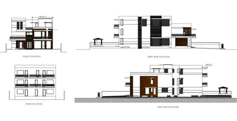 Three Story Residential Bungalow Elevation And Section Cad Drawing