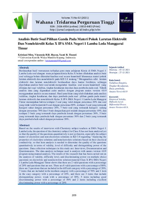 Pdf Analisis Butir Soal Pilihan Ganda Pada Materi Pokok Larutan Elektrolit Dan Nonelektrolit