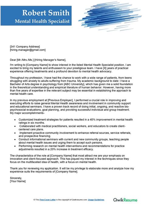 Mental Health Specialist Cover Letter Examples Qwikresume