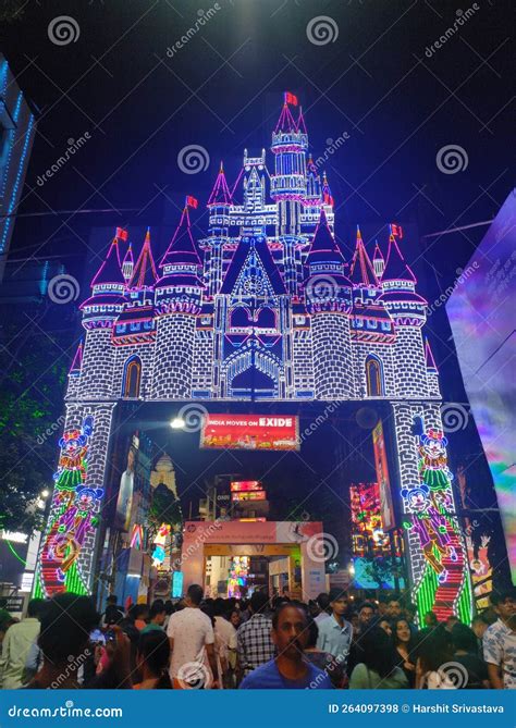 Decorated Neon Light Gate At Entrance Road With LED Bulbs During The