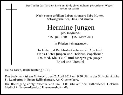 Traueranzeigen Von Hermine Jungen Trauer In Nrw De