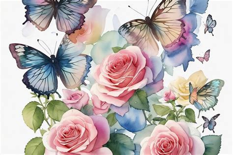 Premium AI Image Colorful Bunch Of Flower Butterflies Watercolor