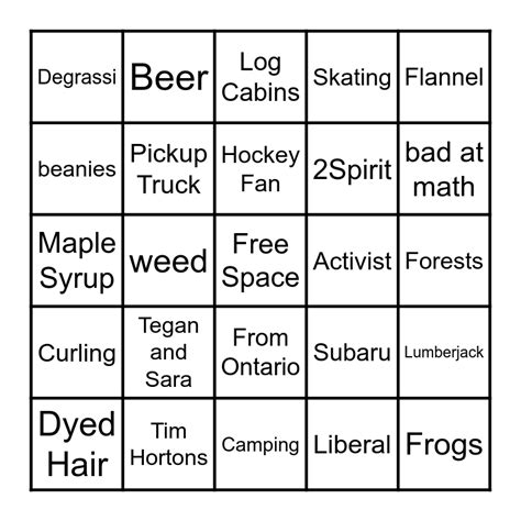 Canadian Lesbian Bingo Card
