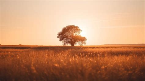 Uma Rvore Em Um Campo O Sol Se Pondo Atr S Dela Foto Premium