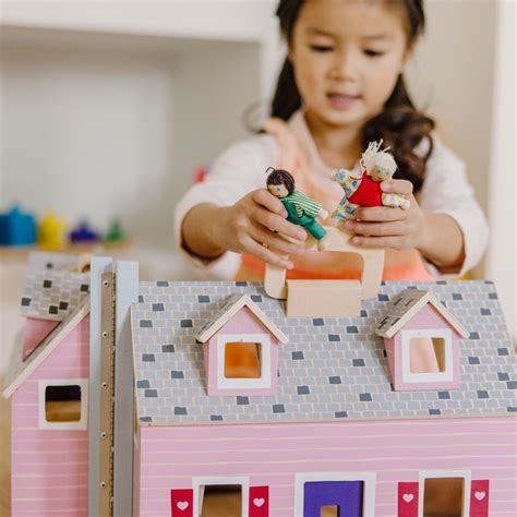 Melissa And Doug Fold And Go Wooden Dollhouse With 2 Dolls And Wooden Furniture