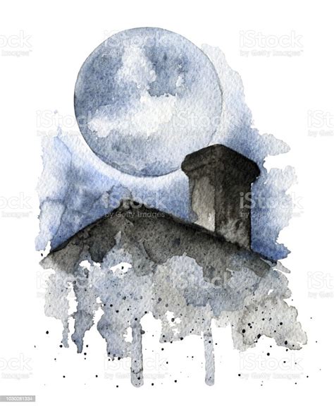 Silhouette Of Roof Over Dark Night Sky And Full Moon Stock Illustration ...