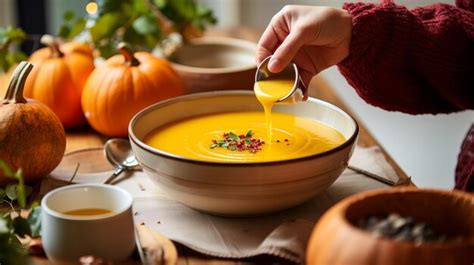 Premium Photo Closeup Of A Person S Hands Pouring Pumpkin Soup Into A