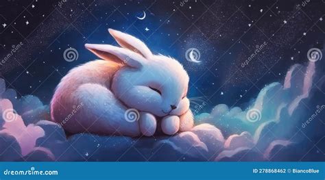 A Cute And Adorable Bunny Is Sleeping Under Night Sky Between Stars