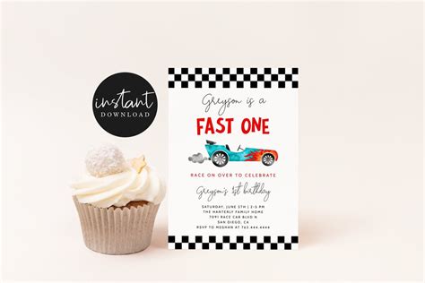 Fast One Race Car Birthday Party Invitation Editable Etsy