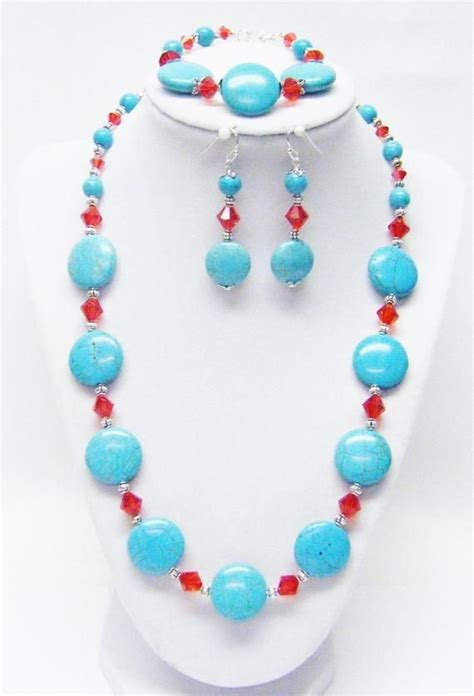 Turquoise Howlite Flat Round Discs Wred Crystal Bicone Bead Necklace