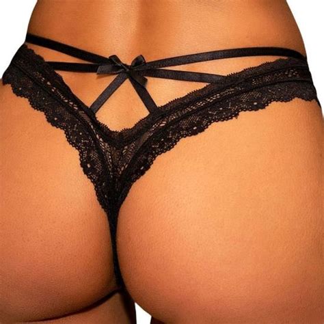 String ficelle femme Culotte noire en dentelle avec nœud floral Noir