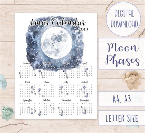 Lunar Calendar 2019 Printable Moon Phases Yearly Overview Etsy