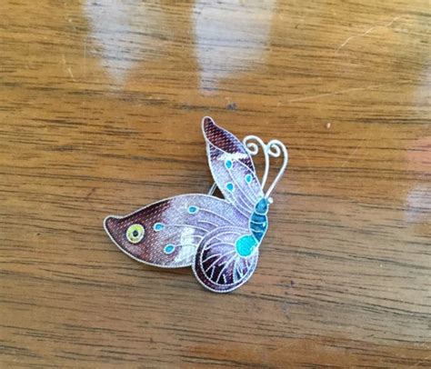 Antique Sterling Silver Cloisonne Butterfly Brooch Pin Gem