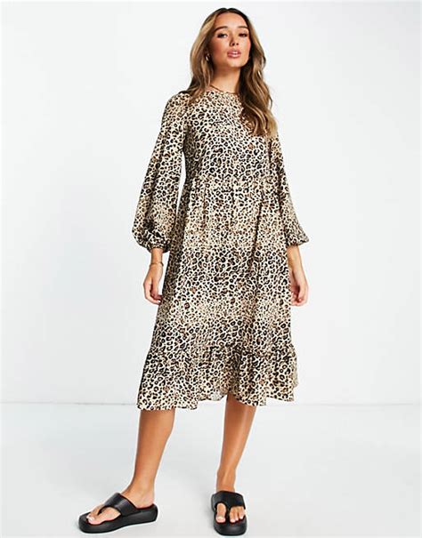 Urban Threads Tiered Midi Smock Dress In Leopard Print Asos