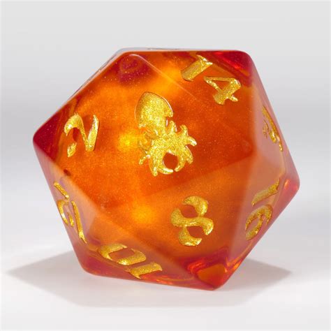 34mm Orange Liquid Core Single D20 With Gold Ink Kraken Dice