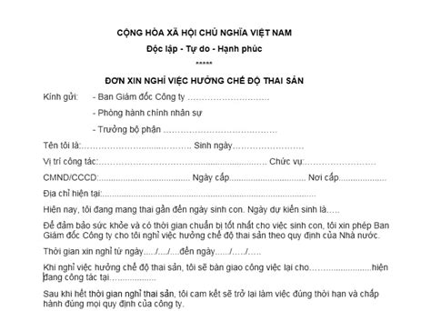 Mẫu Đơn xin nghỉ việc hưởng chế độ thai sản mới nhất hiện nay Thời