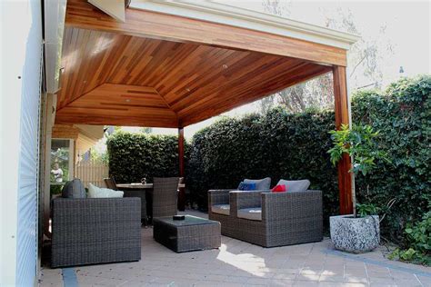 Hipped Roof Timber Patio With Cedar Lining Blue Sky Carpentry Perth