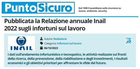 Pubblicata La Relazione Annuale Inail Sugli Infortuni Sul Lavoro