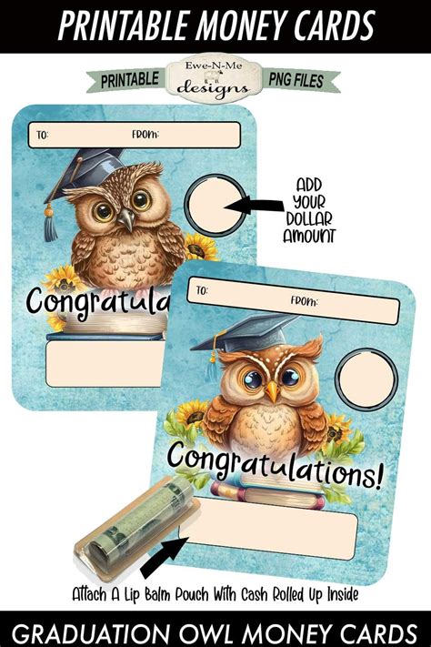 Graduation Owl Printable Money Card | Graduation Money Holder Printable ...