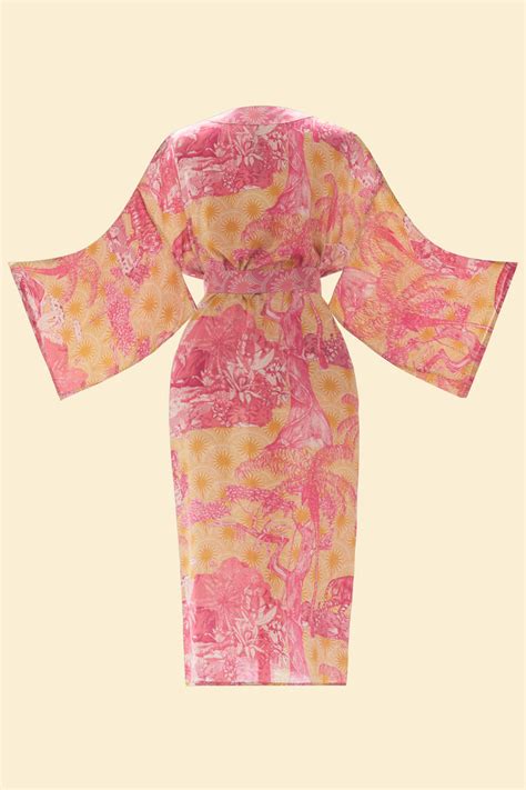 Tropical Toile Kimono Gown Pineapple And Raspberry Kimonos Powder