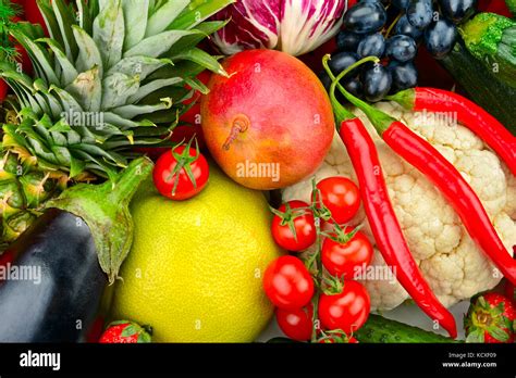 Assortment Fresh Fruits And Vegetables Isolated On White Stock Photo